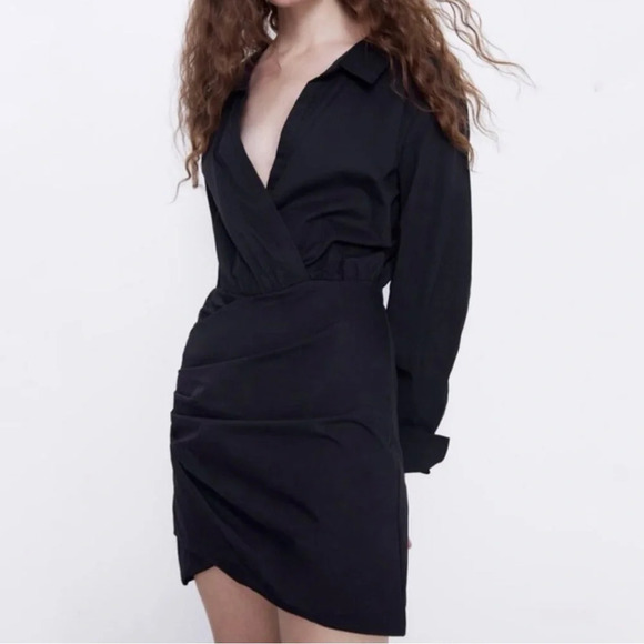 Zara Collared Long Sleeve Poplin Mini Shirt Dress in Black Size S - Picture 4 of 14